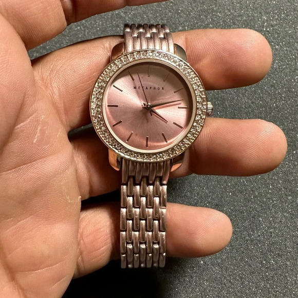 Metaphor Ladies Quarts Watch Pink Tone Jeweled MET07RG Working New Battery - Picture 1 of 8